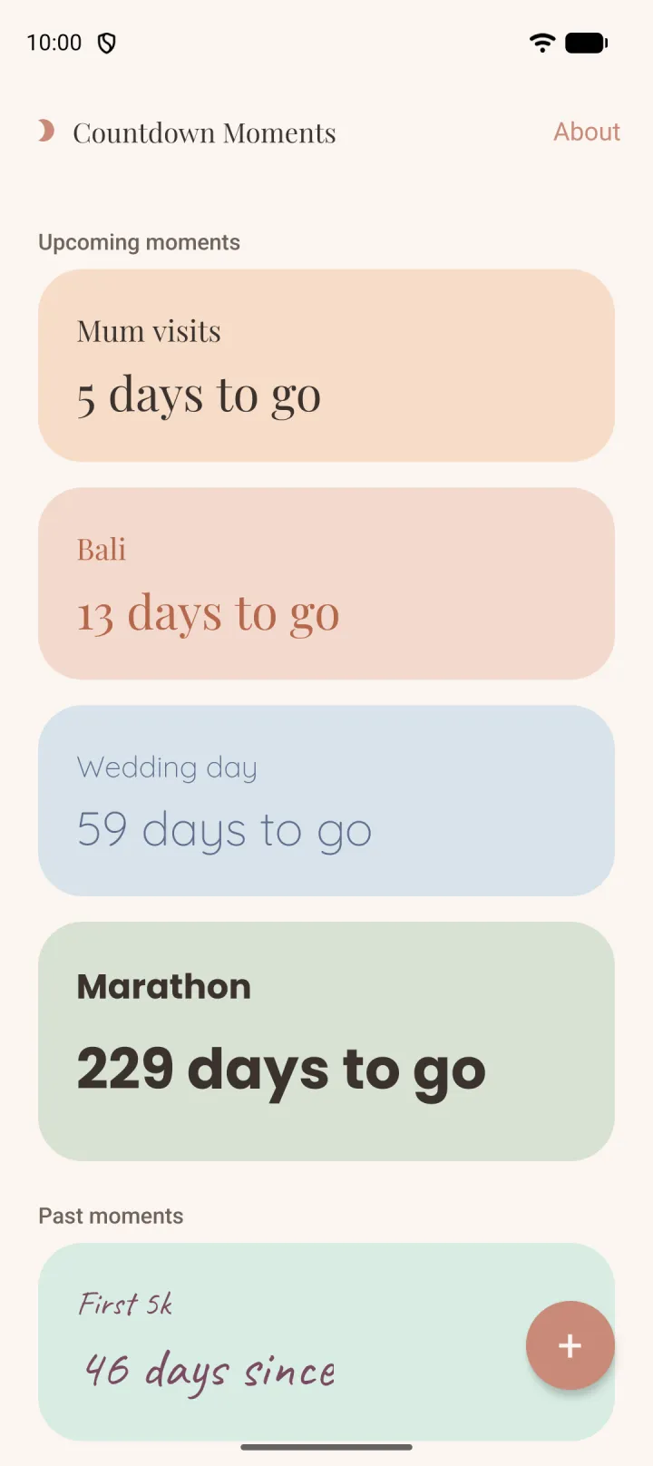 Countdown Moments list: Mum visits in 5 days, Bali in 13 days, wedding day in 59 days, marathon in 229 days.
