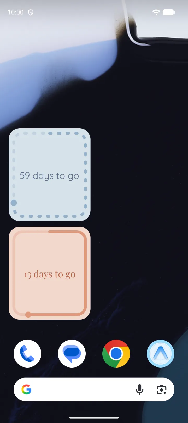 Two Countdown Moments widgets on an Android home screen.