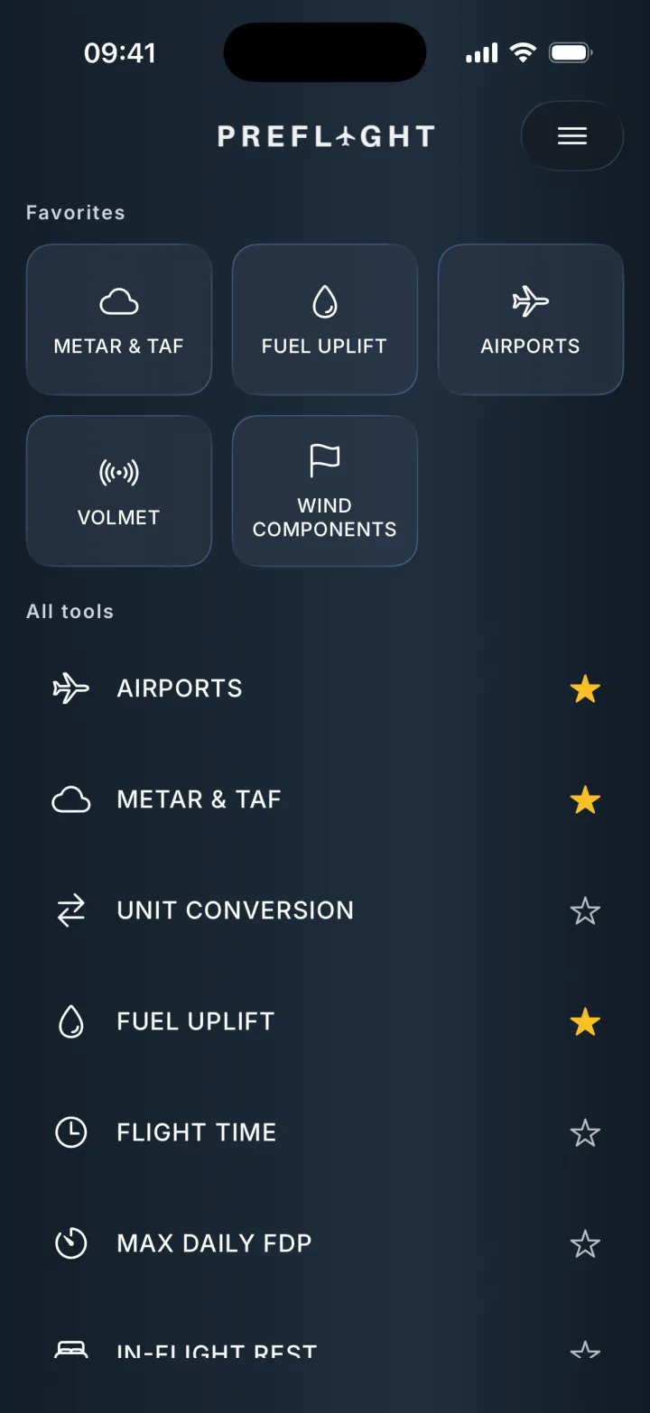 Preflight home screen with favorite tool tiles above the full list of tools.